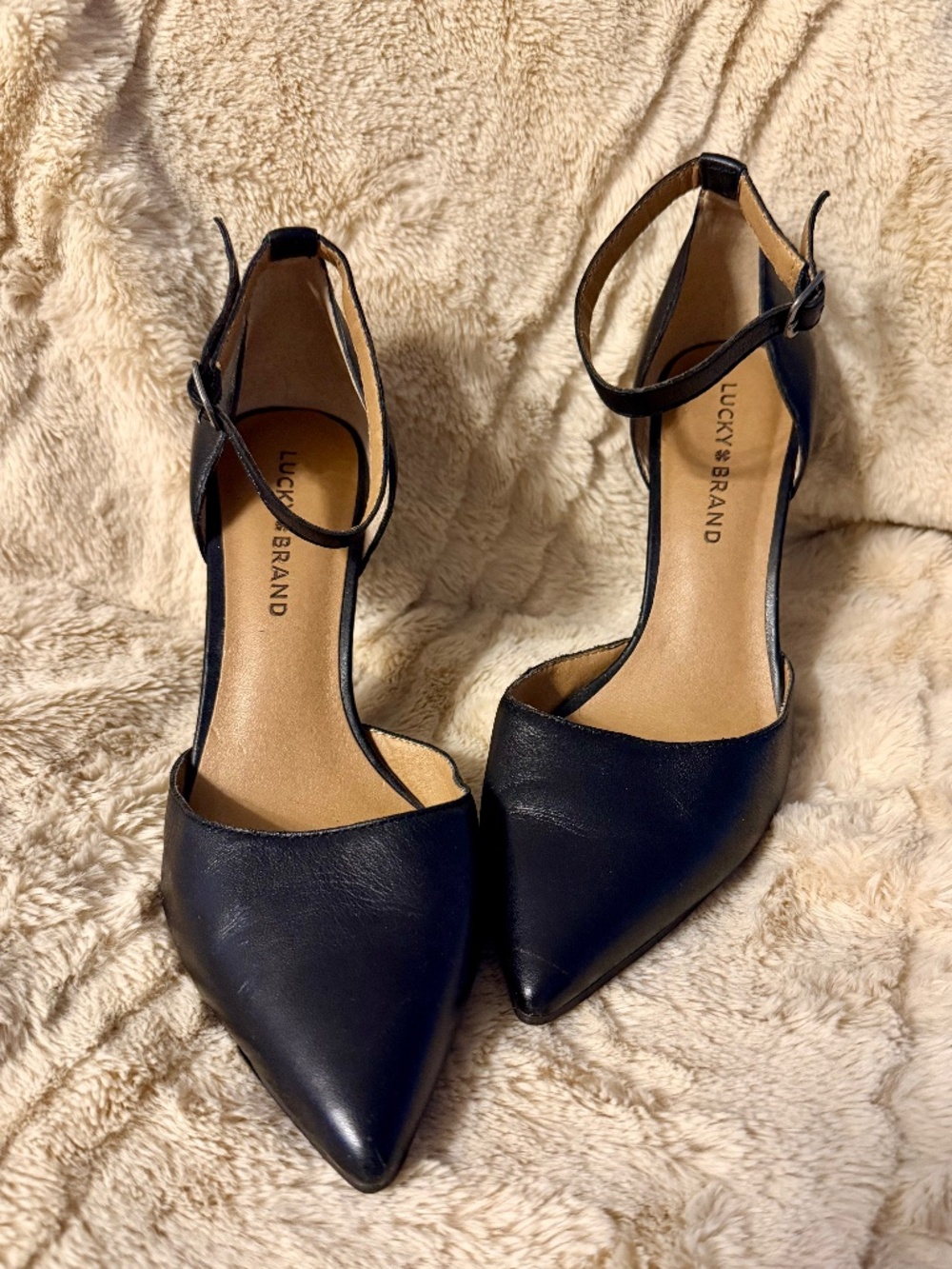 Lucky Brand "Tukko" Black Leather Ankle Strap Pumps - Fair Condition